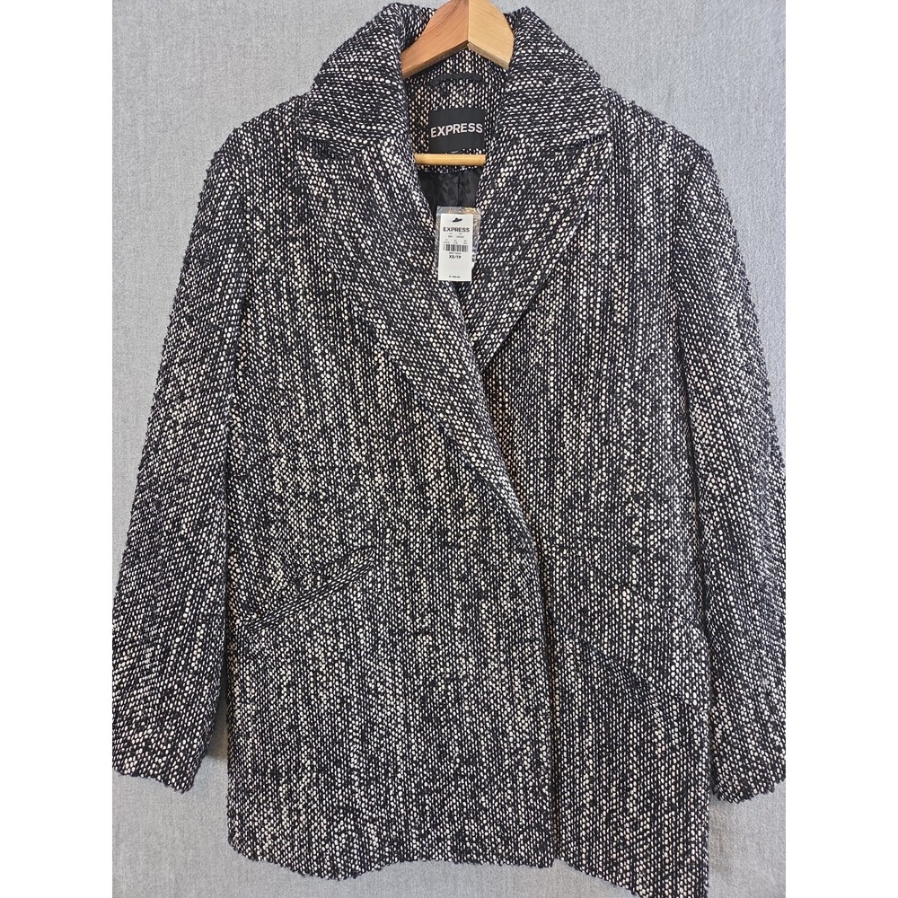 EXPRESS Tweed Wool Cocoon Coat XS Jacket Double Breasted Marled Black NEW